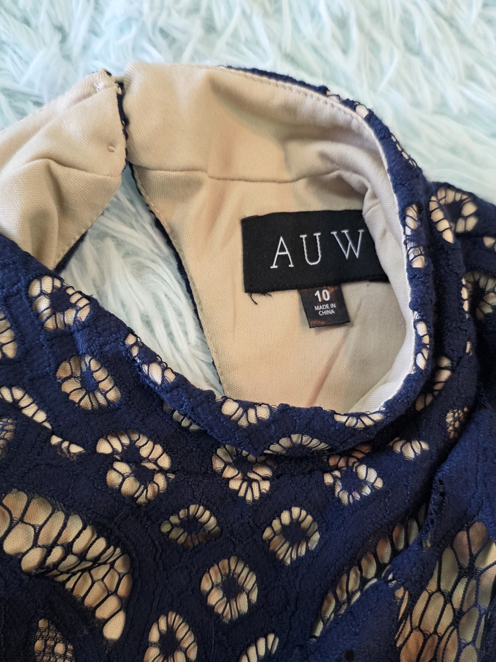 AUW Navy Blue Lace Mini Dress Size 10 Nude Lining Wedding Guest - Picture 5 of 13